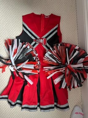Halloween Spirit Red and Black Cheerleader Dress with Pom-Poms